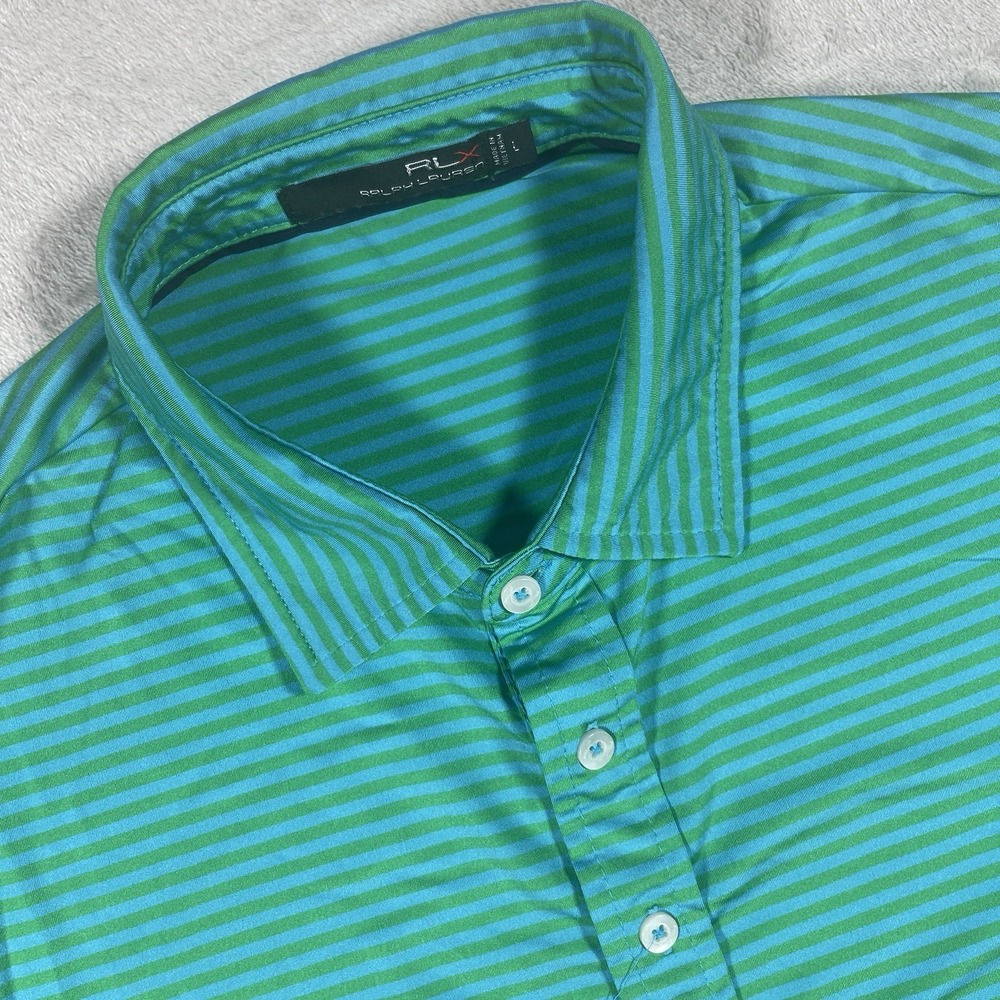 RLX Ralph Lauren Polo‎ Shirt Mens Large Blue/Green Stripe Golf Stretch Wicking